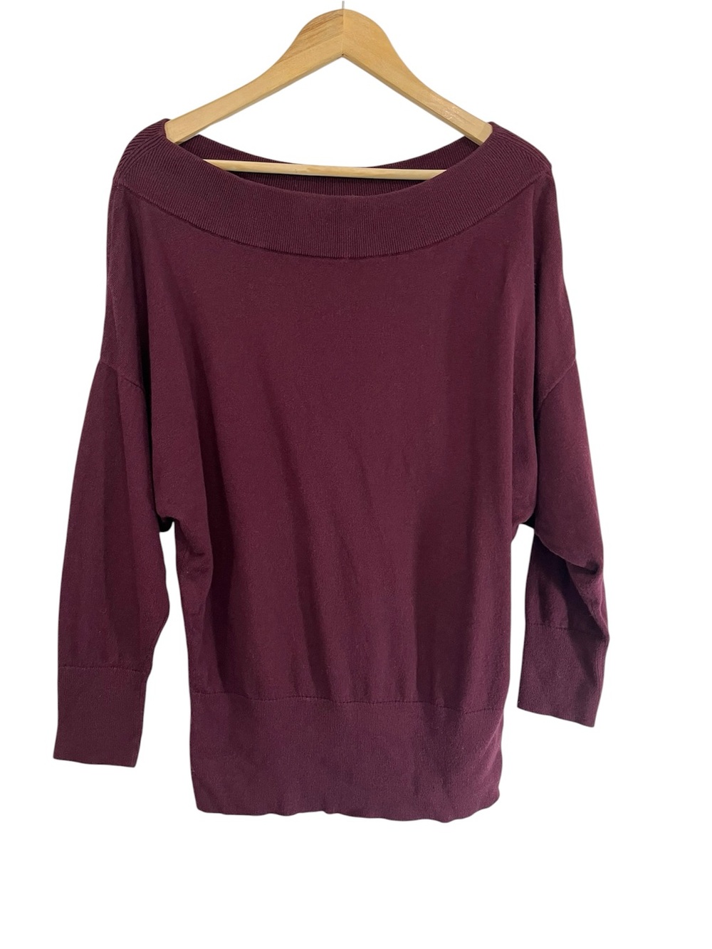 Express Burgundy Wide Boatneck Dolman Sleeve Banded Bottom Sweater Size M - Picture 2 of 8